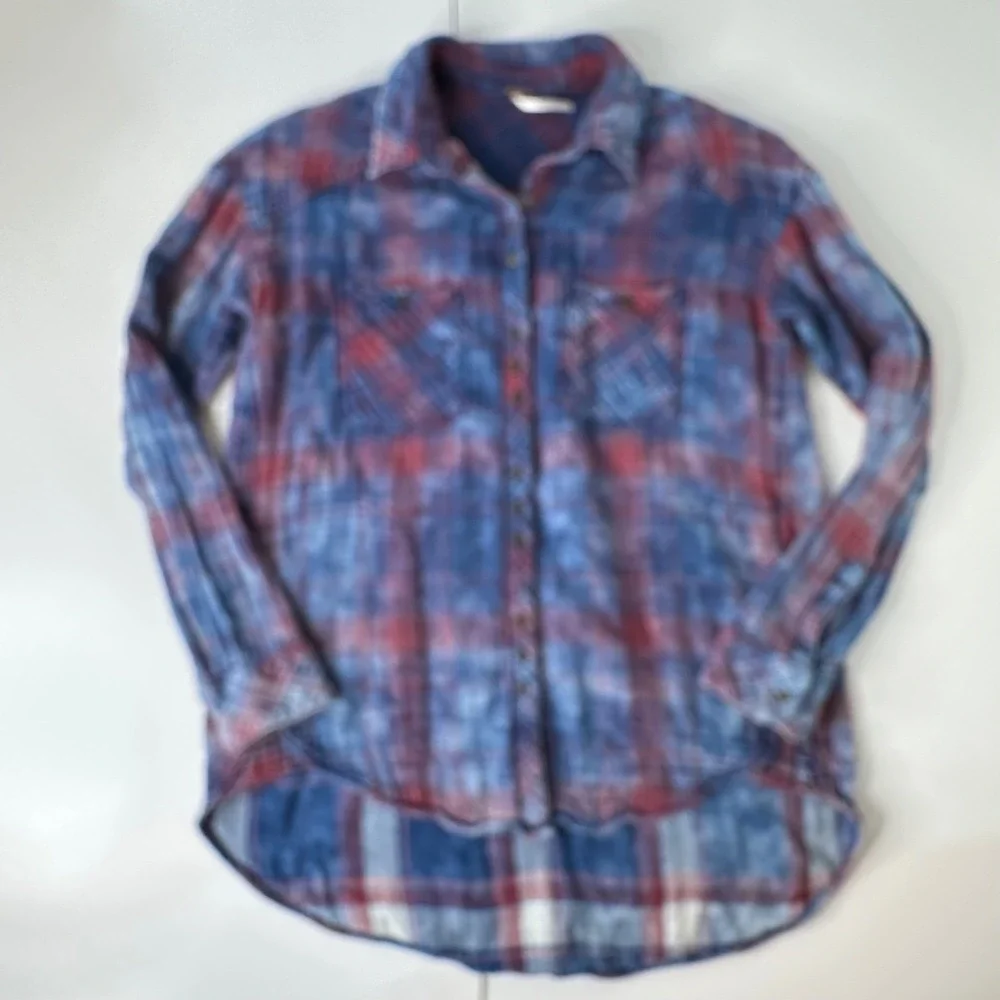 Free People Oversized Double Dip Plaid Shirt Blue Red‎ Button Up Gauzy Sz XS